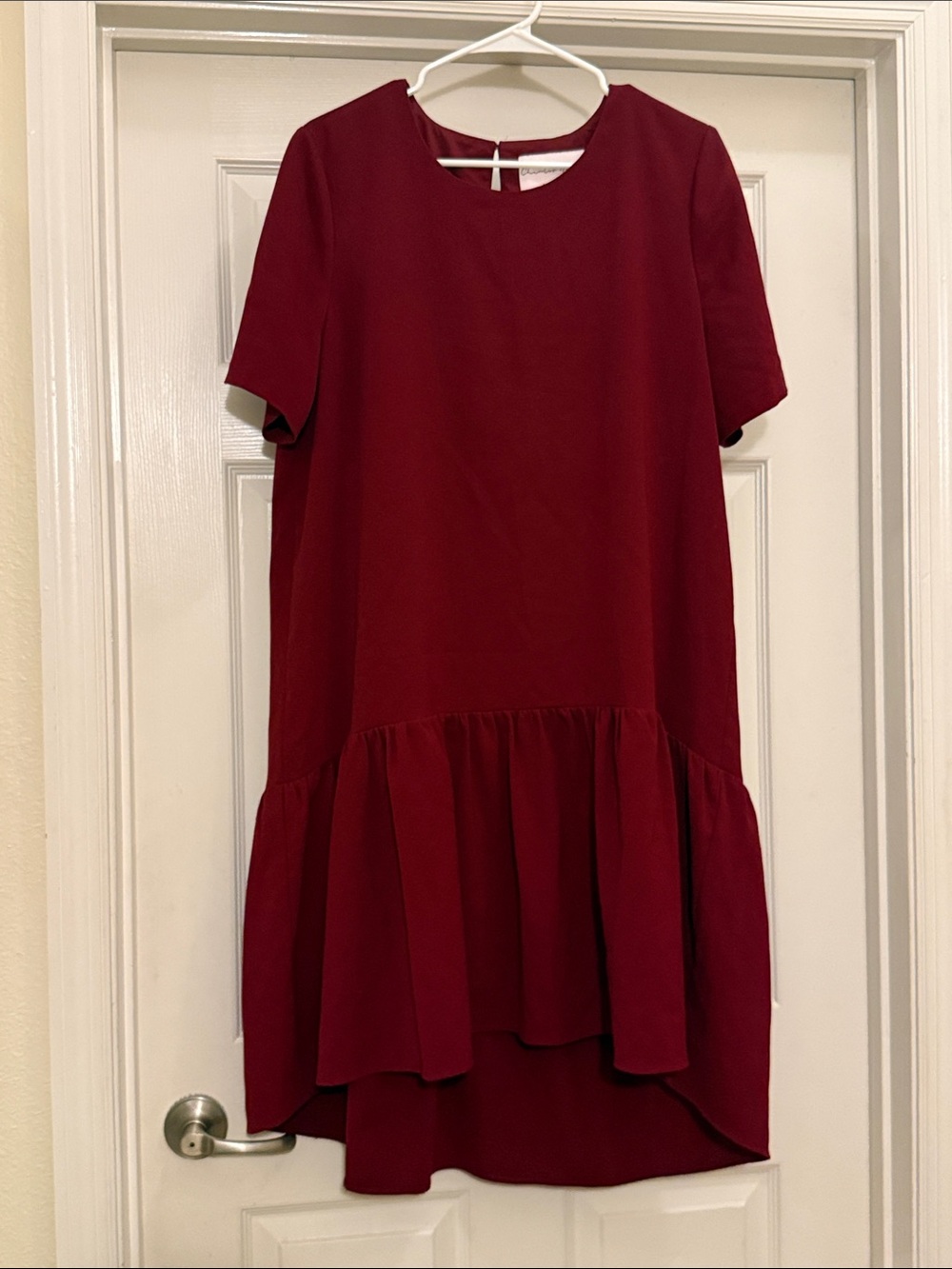 Burgundy Short-Sleeve Ruffle-Hem Dress